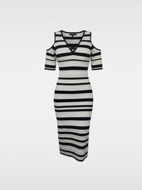 XOXO Black and White Striped Cold-Shoulder Midi Dress